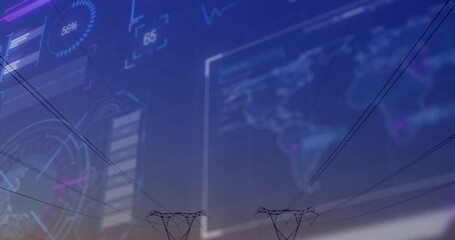 Poster - Power lines silhouetted against digital data processing animation on blue background