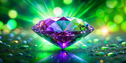 Poster - A striking purple diamond glimmers under soft green lights, surrounded by colorful bokeh and small droplets on a textured surface, creating a magical atmosphere