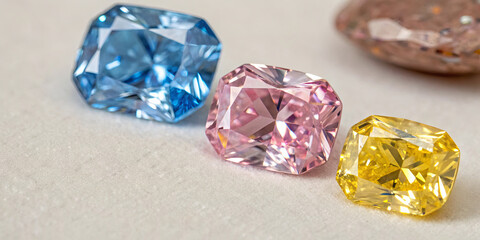Poster - Three vibrant gemstones in blue, pink, and yellow are arranged elegantly on a soft, neutral surface. Their stunning clarity and colors catch the light beautifully, showcasing their value