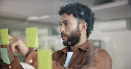 Aufkleber - Businessman, thinking or brainstorming with sticky note for schedule planning on glass board at office. Male person, employee or thoughtful planner with problem solving for layout or project ideas