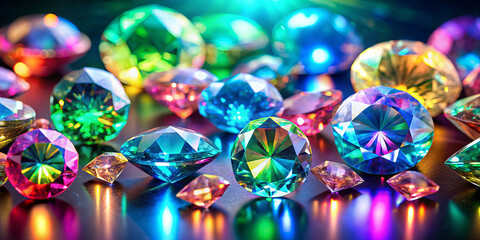 Poster - Various colorful gemstones are arranged beautifully, reflecting vibrant hues of blue, green, red, and yellow. A warm light enhances their brilliance and captures their intricate cuts