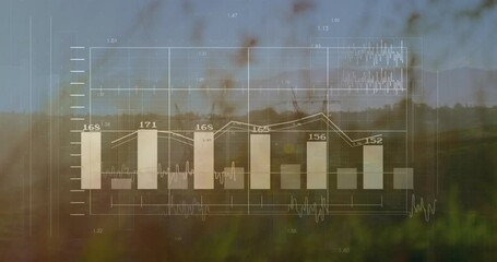 - Animation of bar and line graphs overlaying natural landscape with numerical data