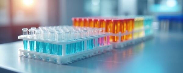 Poster - Modern lab with racks of test tubes containing colored liquids. Research, biotech, pharmaceutical, medical analysis. Development, innovation, science, chemistry concepts. Healthcare, analysis,