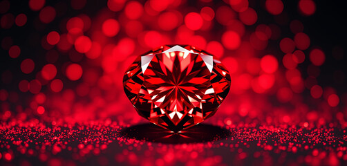 Poster - A stunning red diamond sits at the center, radiating light and elegance. The background features a soft, blurred pattern of red, enhancing the gem's allure and craftsmanship