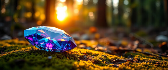 Poster - A vibrant, multifaceted gem lies on lush moss in the woods as the sun sets, casting enchanting colors and an ethereal glow around the serene environment