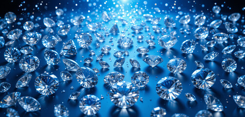 Poster - Scattered diamonds glisten under a radiant blue light, creating a captivating display. Their reflections dance across the surface, enhancing the visual spectacle in this enchanting setting