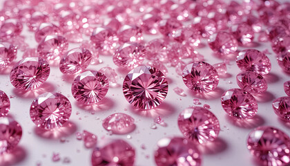 Poster - A stunning array of pink gemstones glistens beautifully under soft lighting. Each gem showcases intricate cuts and vibrant color, creating an elegant and luxurious display