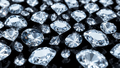 Poster - Numerous cut diamonds spread across a dark background showcase their brilliant facets and sparkling reflections. Each diamond differs in shape and size, creating a captivating display