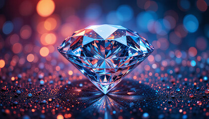 Poster - A precious diamond with exceptional clarity and brilliance placed on a textured surface illuminated by colorful lights, creating a dazzling display of colors and reflections