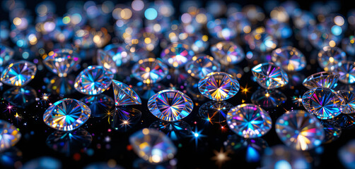 Poster - Brilliantly cut crystals lay scattered on a glossy surface, reflecting vibrant colors and sparkling lights. Each gem captures and refracts light, creating an enchanting visual display