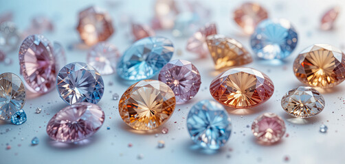 Poster - Various gemstones in shades of pink, blue, and orange glisten across a smooth textured surface, reflecting light and highlighting their unique cuts and clarity