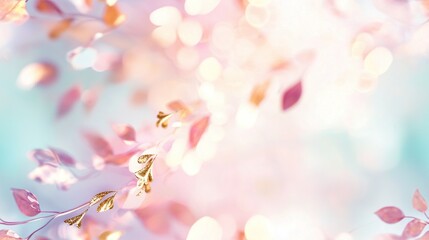 Naklejka na meble   A pink and gold leaf-adorned blue background features a hazy image of pink and gold leaves on a blue background