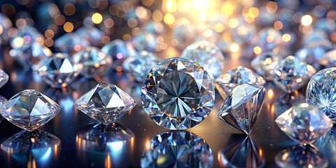 Poster - A collection of sparkling diamonds glistens on a dark surface, catching soft light and creating a dazzling effect. The various cuts showcase their brilliance and allure