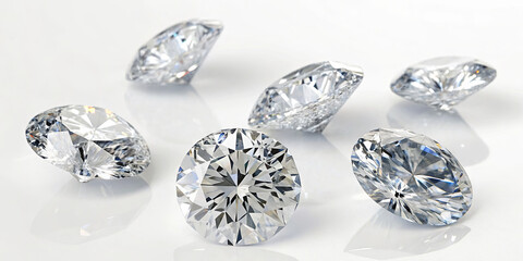 Poster - Several clear diamonds are arranged on a smooth white surface, reflecting light and displaying their unique cut and sparkle. The scene evokes luxury and elegance