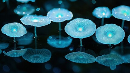 Wall Mural - a cluster of blue blossoms rests beside one another atop a water-filled depression upon a dark backg