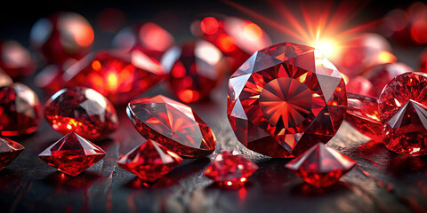 Poster - A collection of vibrant red gemstones is displayed on a dark surface, each cut brilliantly reflecting light. The various shapes enhance their sparkling beauty, capturing attention