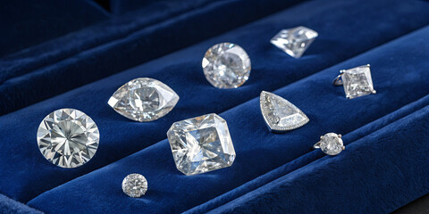 Poster - Various types of diamonds in different cuts and sizes are arranged beautifully on a rich blue velvet background, showcasing their brilliance and craftsmanship