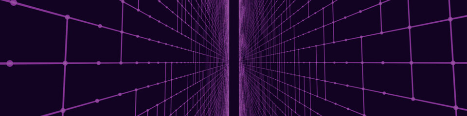 Poster - Futuristic colorful perspective grid. Abstract wireframe with purple grid on dark background. Virtual landscape in digital style of 80s 90s. Simple perspective grid for design. 3D vector illustration.