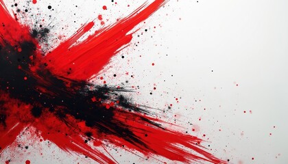 Fototapete - Abstract grunge background with brush strokes and splashes. Dynamic red and black ink paint. Chaotic, rough texture on white paper. Modern, contemporary, graphic design art for creative projects.