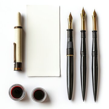 Isolated calligraphy pen group: ink and guide sheets on white.