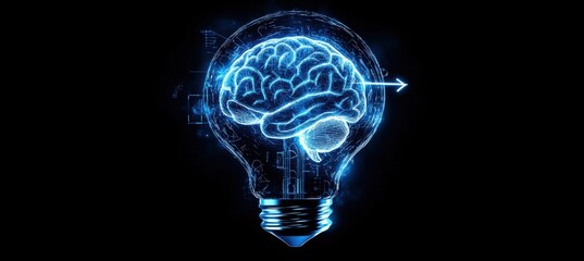 Poster - Digital glowing brain concept in light bulb shape on dark background