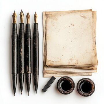 Calligraphy pens, ink, and guide sheets, isolated white backdrop.