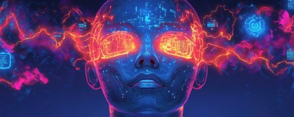 Poster - Vivid digital artwork depicting a futuristic AI robotic face with glowing effects