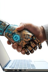 Poster - Human hand shaking robot hand on laptop in technology collaboration concept
