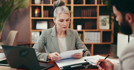 Poster - Documents, legal consultant and business people in meeting, discussion and advice in office. Lawyer, court representative and man with paperwork for woman for feedback, agreement and contract