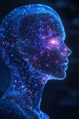 Poster - Digital particle-rendered human head glowing with vibrant colors and cosmic effects