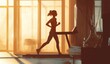 © didar - Illustration of a young woman exercising on a treadmill at home. Yellow and amber sunlight and black silhouette of the young woman in front of the window