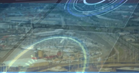Poster - Futuristic digital interface animation over aerial view of urban landscape