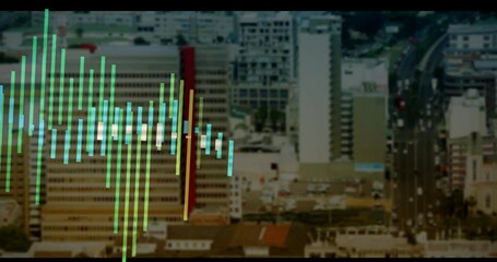 Poster - Colorful bar graph animation over urban cityscape with tall buildings