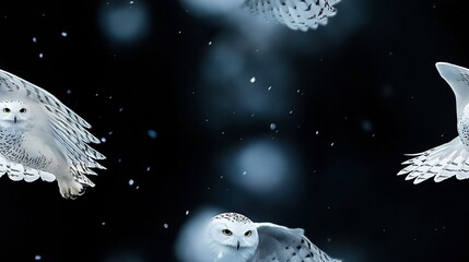 Wall Mural - a group of white owls flies through the snow-covered sky with snowflakes falling around them