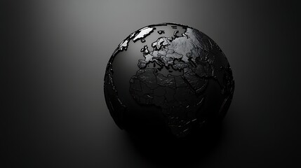 dark 3d black world map atlas, presenting a mysterious and sleek planet globe visualization, suitabl