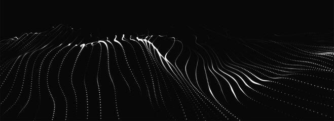 Poster - Futuristic dot wave. Abstract digital particle wave. Black and white music wave. Dark background. Digital background with smooth wavy curves. 3D rendering