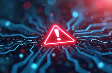 Aufkleber - Digital illustration red warning triangle, exclamation point on circuit board. Cybersecurity concept, cyber attack, data breach, malware, ransomware, fraud, internet threat.