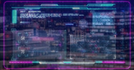 Poster - Displaying futuristic digital interface with global map and data over cityscape