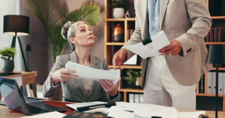 Poster - Discussion, manager and intern in office, documents and legal research for case, lawyer and meeting. Law firm, man and explaining info to mature woman, laptop and preparation for trial with paperwork
