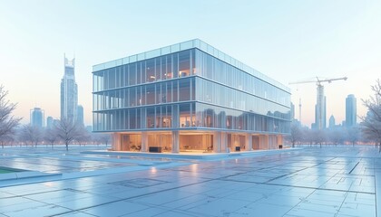 Aufkleber - Futuristic glass paneled commercial building design. Urban cityscape background with modern architecture. Office skyscraper with construction crane. Innovative technology, development project in city
