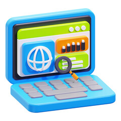 Fototapete - Seo web analysis concept with a 3d blue laptop, globe magnifying glass, and keyboard. Suitable for technology, digital marketing, data analysis, and web design projects