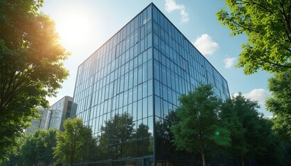 Poster - Modern eco-friendly glass office building with trees around, under blue sky. Sustainable architecture, reducing CO2 emissions. Business corporate tech building. Environmentally conscious, renewable