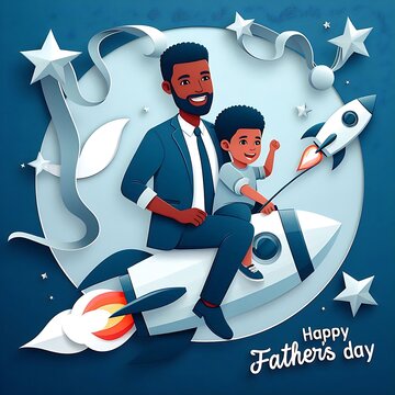 Handsome man with his son on rocket. Happy Father's Day card. Paper cut style. illustration, Father's Day holiday illustration for greeting banner, fashion ads, poster, created with generative ai