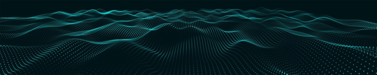 Poster - Abstract colorful digital particle wave. Futuristic dot wave. Technological background. Colorful music wave. Digital background with smooth wavy curves. 3D rendering.