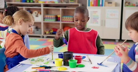 Poster - Group, children and painting art in classroom of creative lesson, drawing picture and kindergarten learning. Students, artist and messy for fun activity, artwork project and motor growth of education