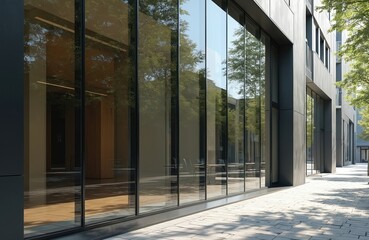 Poster - Modern office center exterior glass wall. Reflective windows showcase trees, sky. Paved street walk side. Contemporary urban architecture. Empty building, corporate headquarters, financial district.