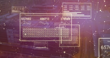 Poster - Digital data processing animation with numbers and graphs over abstract background
