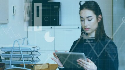 Poster - Using tablet with animation graphics overlay, woman working in office