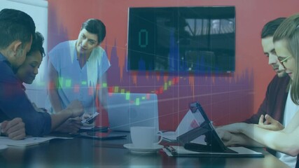 Poster - Business meeting with diverse team and financial data animation over screen