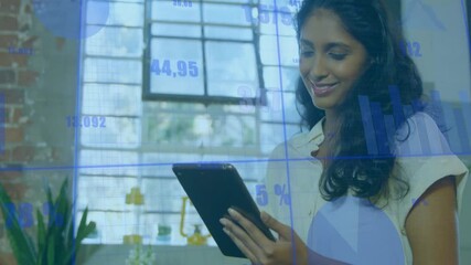 Poster - In office, woman using tablet with animation of financial data charts